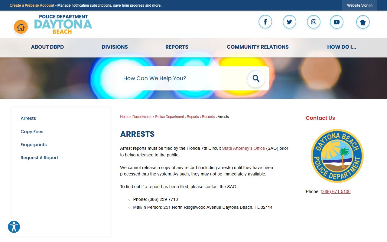 Daytona Beach Police Department arrest records page for Daytona Beach 24 hour booking lookups