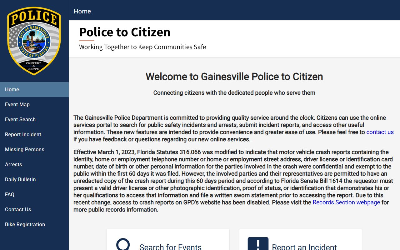 Gainesville Police to Citizen portal showing recent arrest and incident data