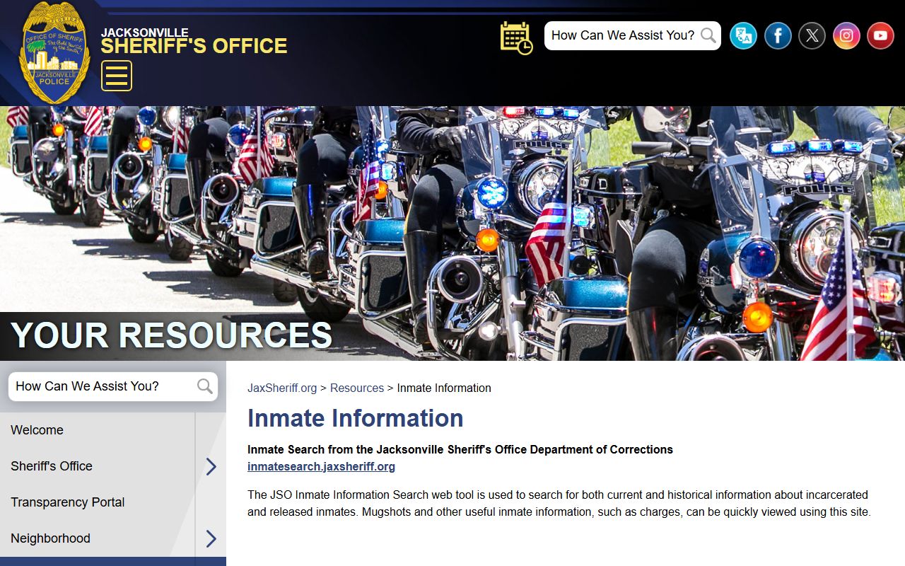 Jacksonville Sheriff's Office inmate search page for Jacksonville 24 hour booking records