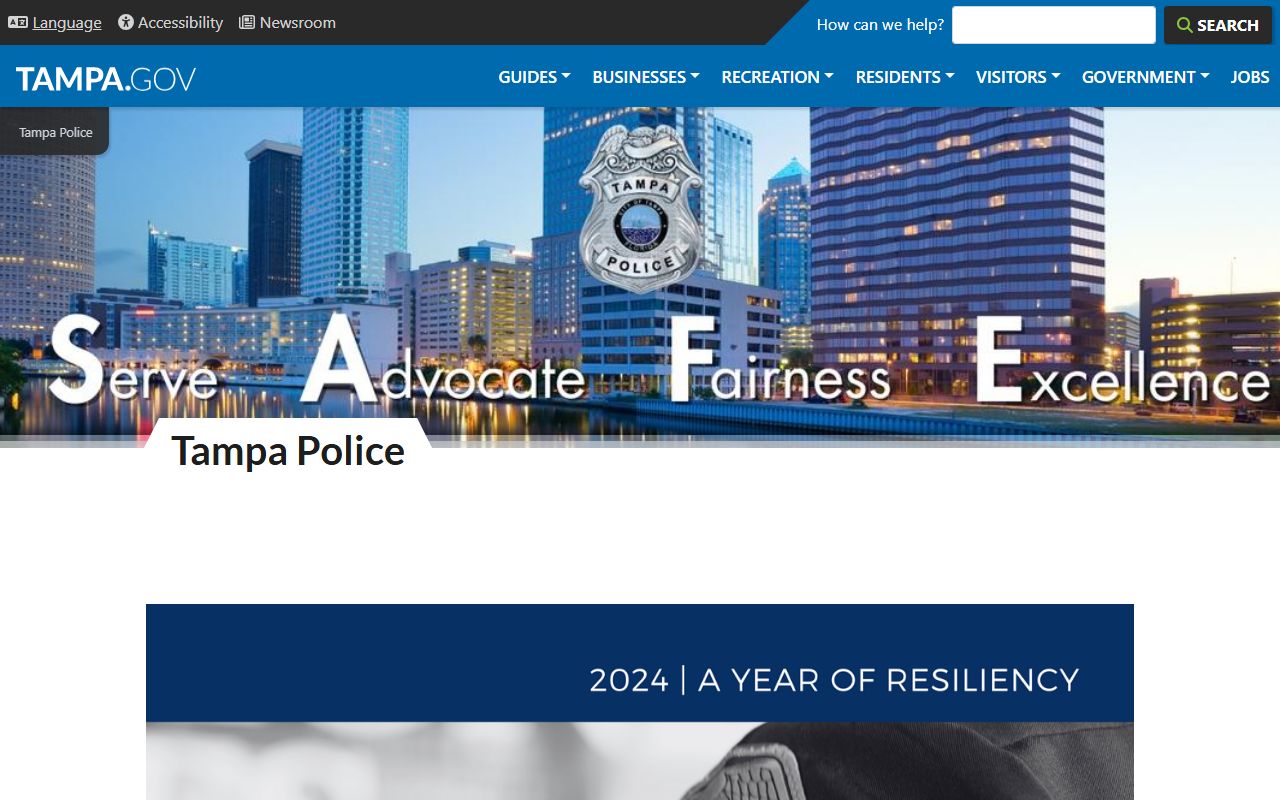 Tampa Police Department website for Tampa 24 hour booking information