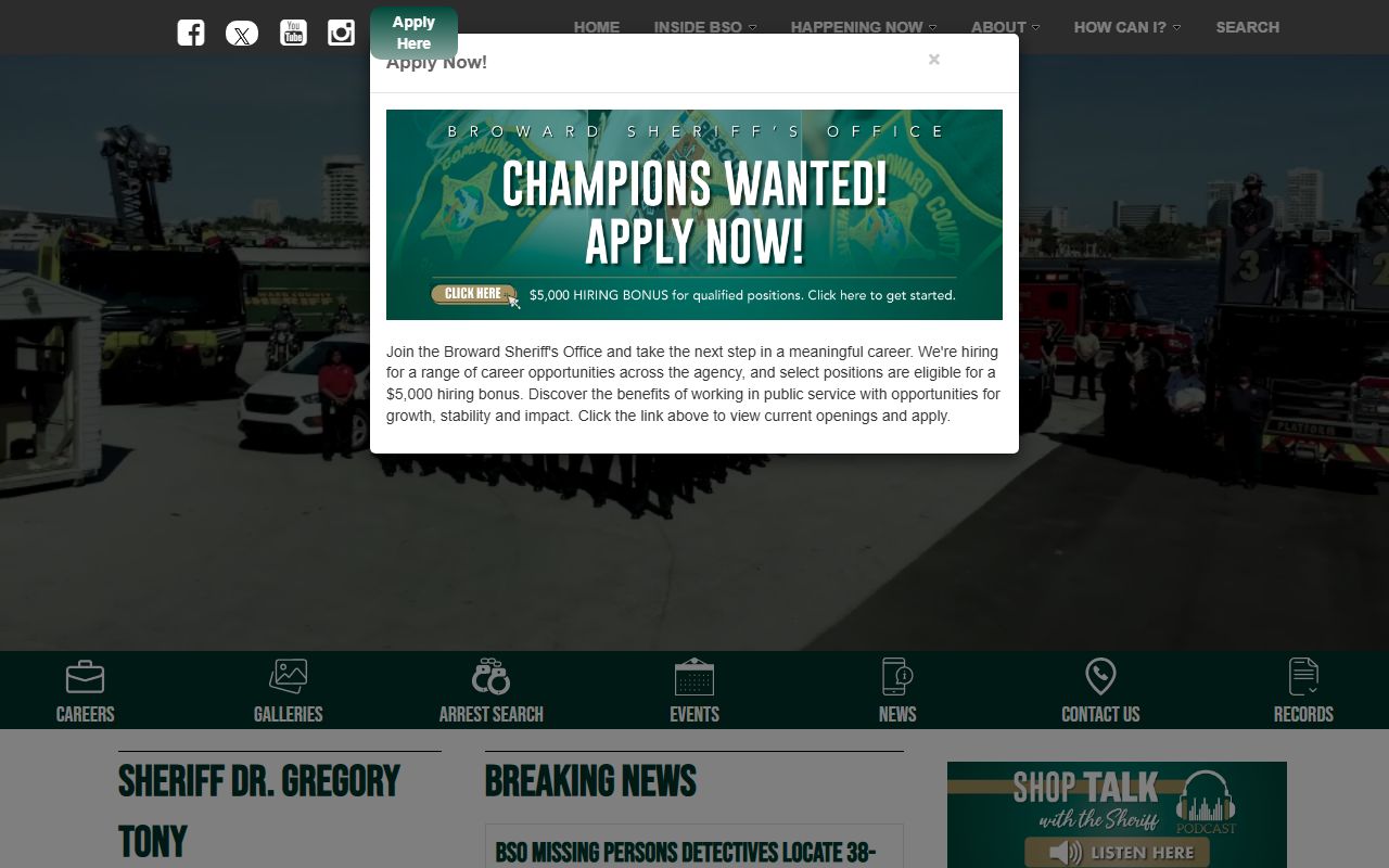 Broward Sheriff's Office website for 24 hour booking and inmate services