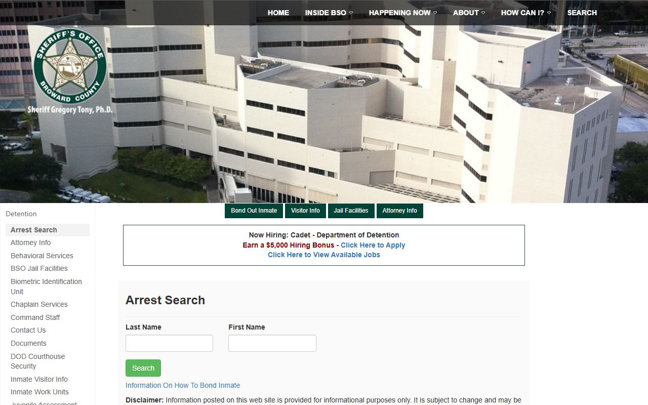 Broward County Sheriff arrest search results showing 24 hour booking data