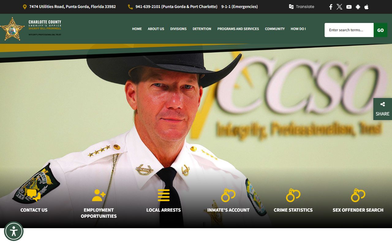 Charlotte County Sheriff's Office website for 24 hour booking and jail services