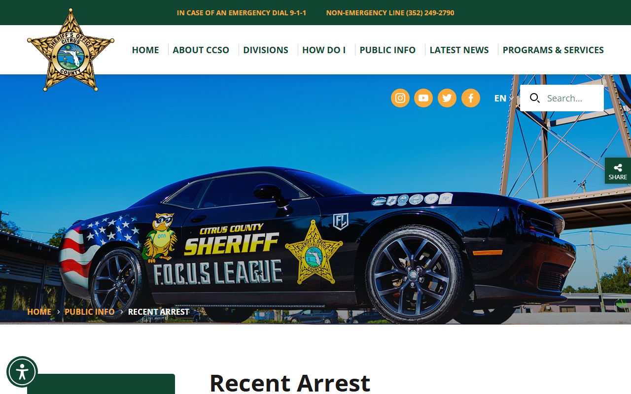 Citrus County Sheriff recent arrest page showing 24 hour booking records