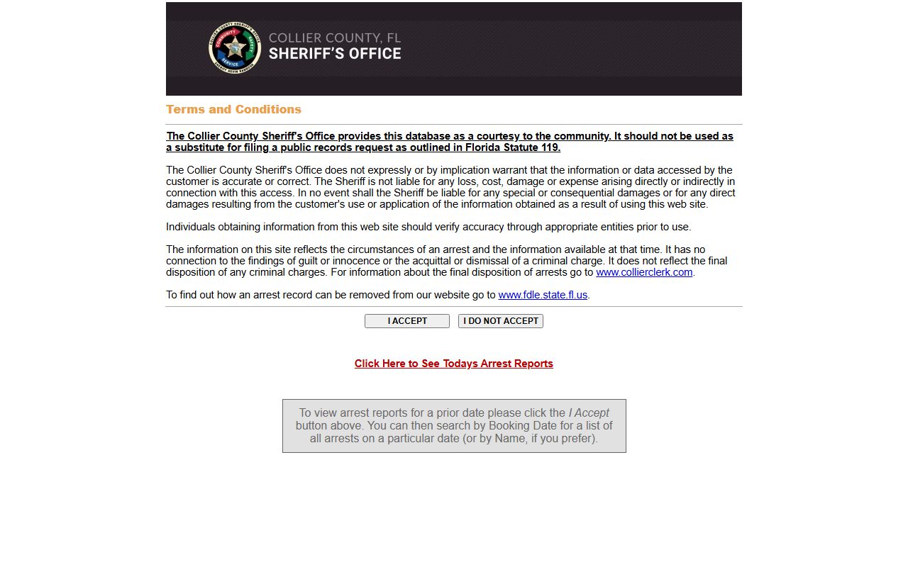 Collier County Sheriff arrest search portal for 24 hour booking records