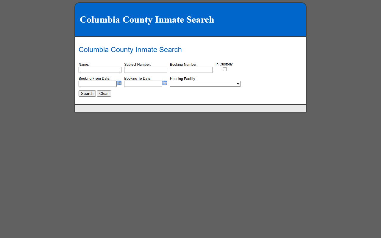 Columbia County inmate inquiry results showing booking data