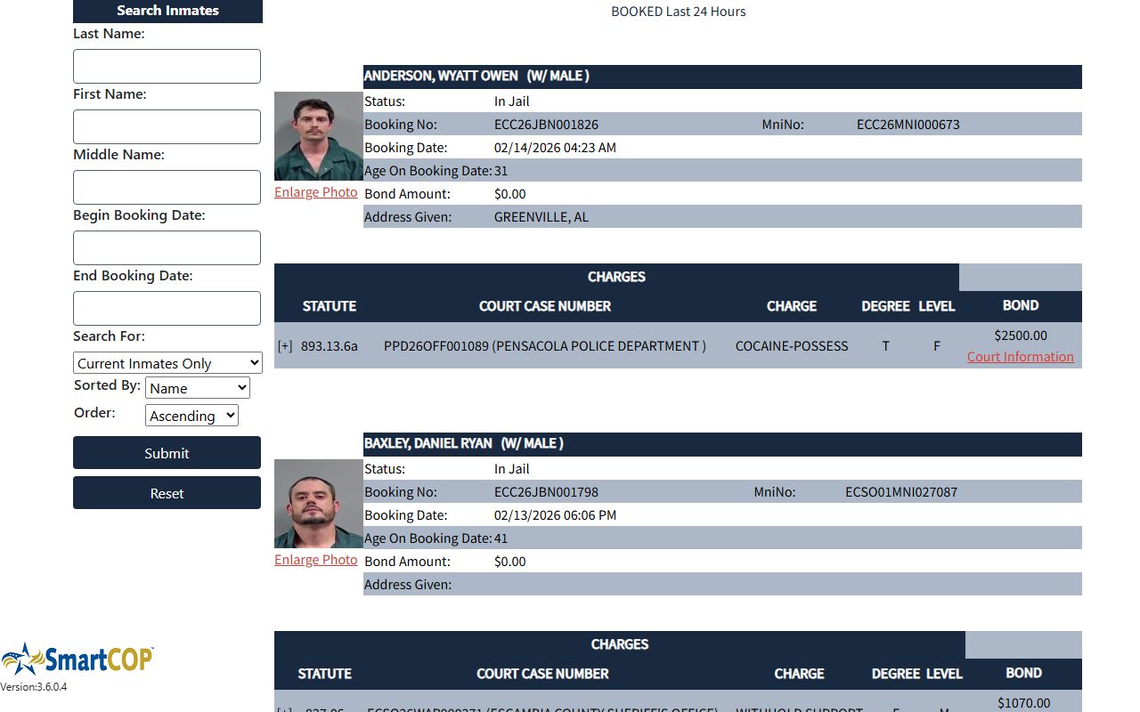 Escambia County JAIL View showing 24 hour booking entries
