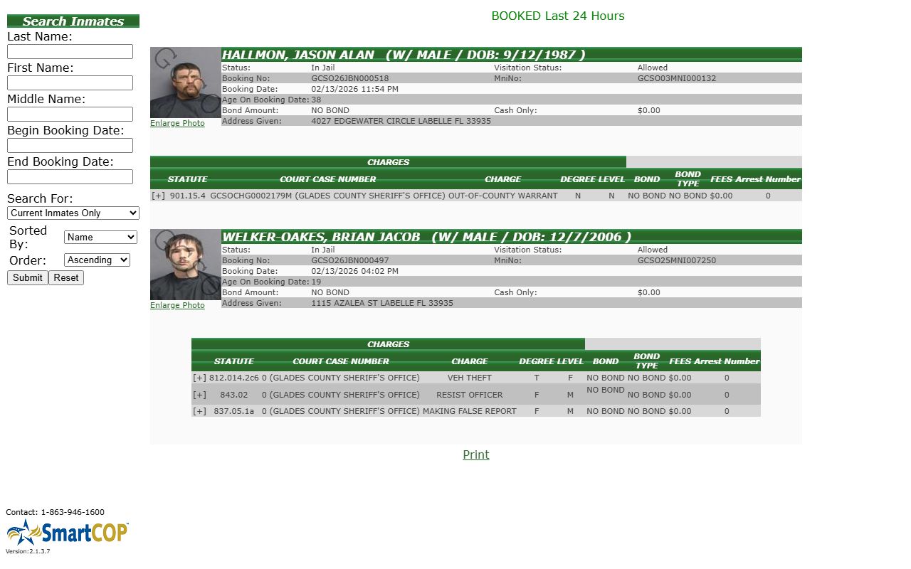 Glades County JAIL View booking portal showing recent 24 hour booking entries