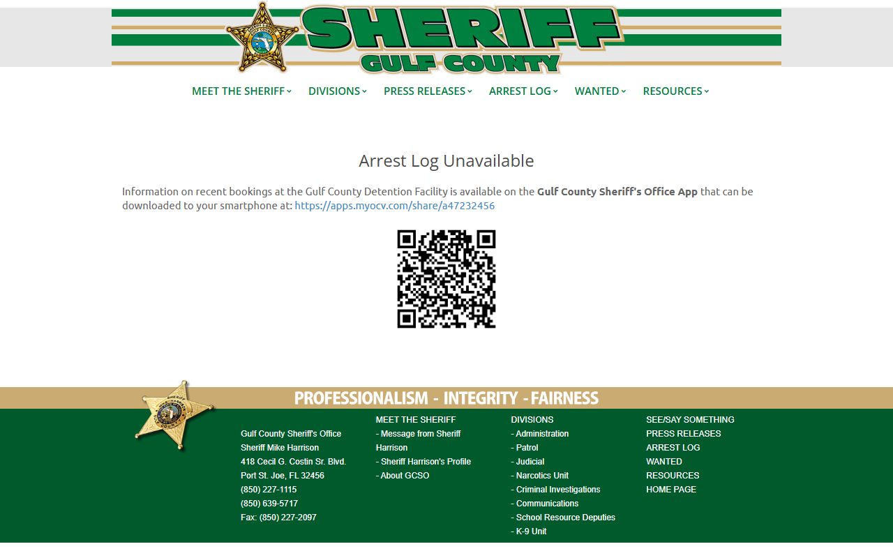 Gulf County Sheriff arrest log page for 24 hour booking searches