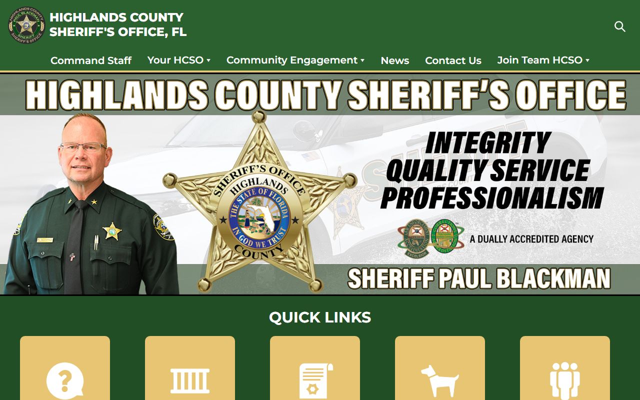 Highlands County Sheriff's Office website for 24 hour booking information