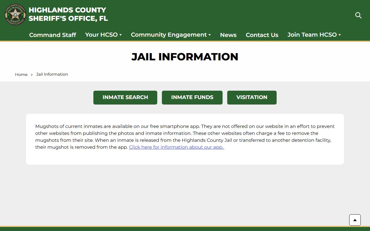 Highlands County Sheriff inmate detail page showing booking information