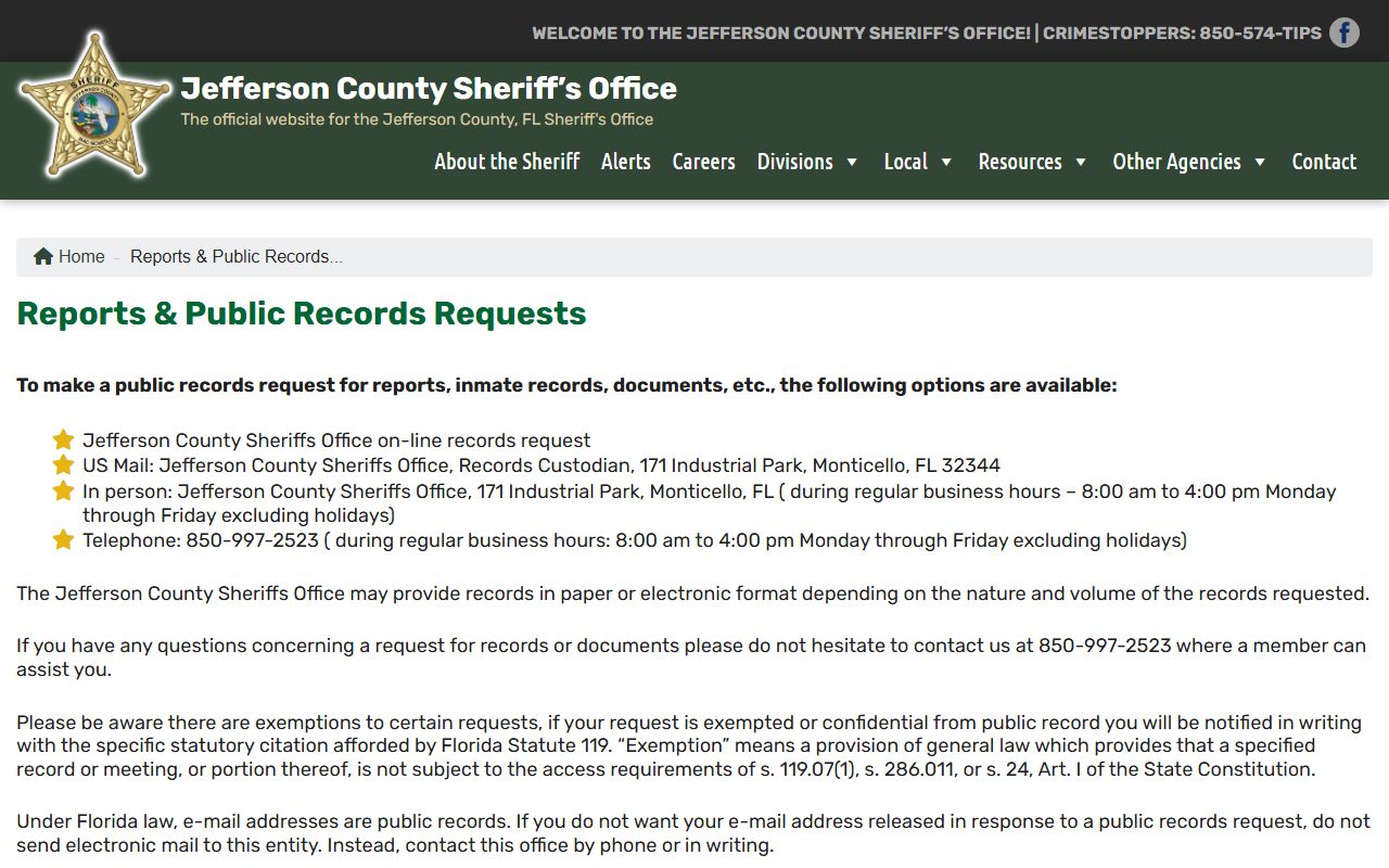 Jefferson County Sheriff public records requests page for 24 hour booking records