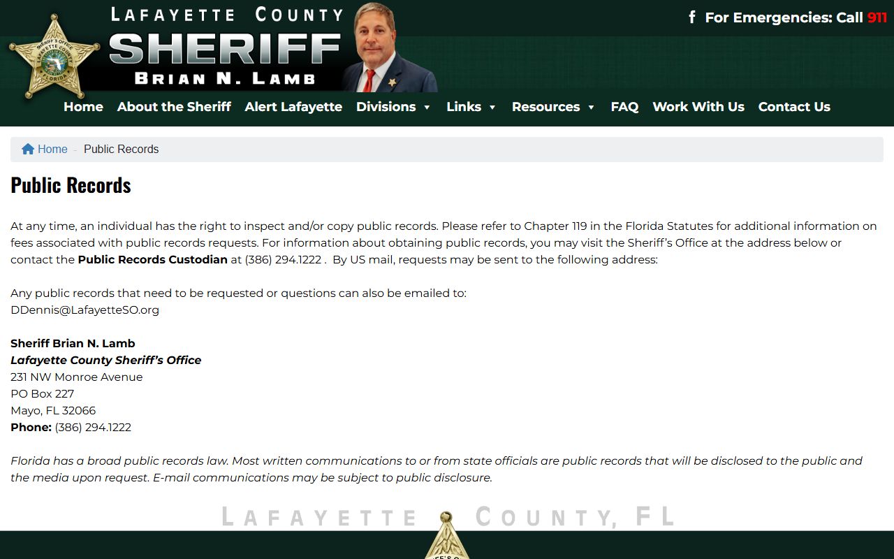 Lafayette County Sheriff public records page for 24 hour booking record requests