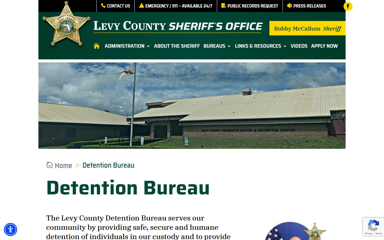 Levy County Sheriff's Office detention bureau page for booking records