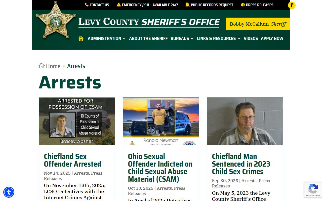 Levy County Sheriff's Office arrests page showing recent booking information