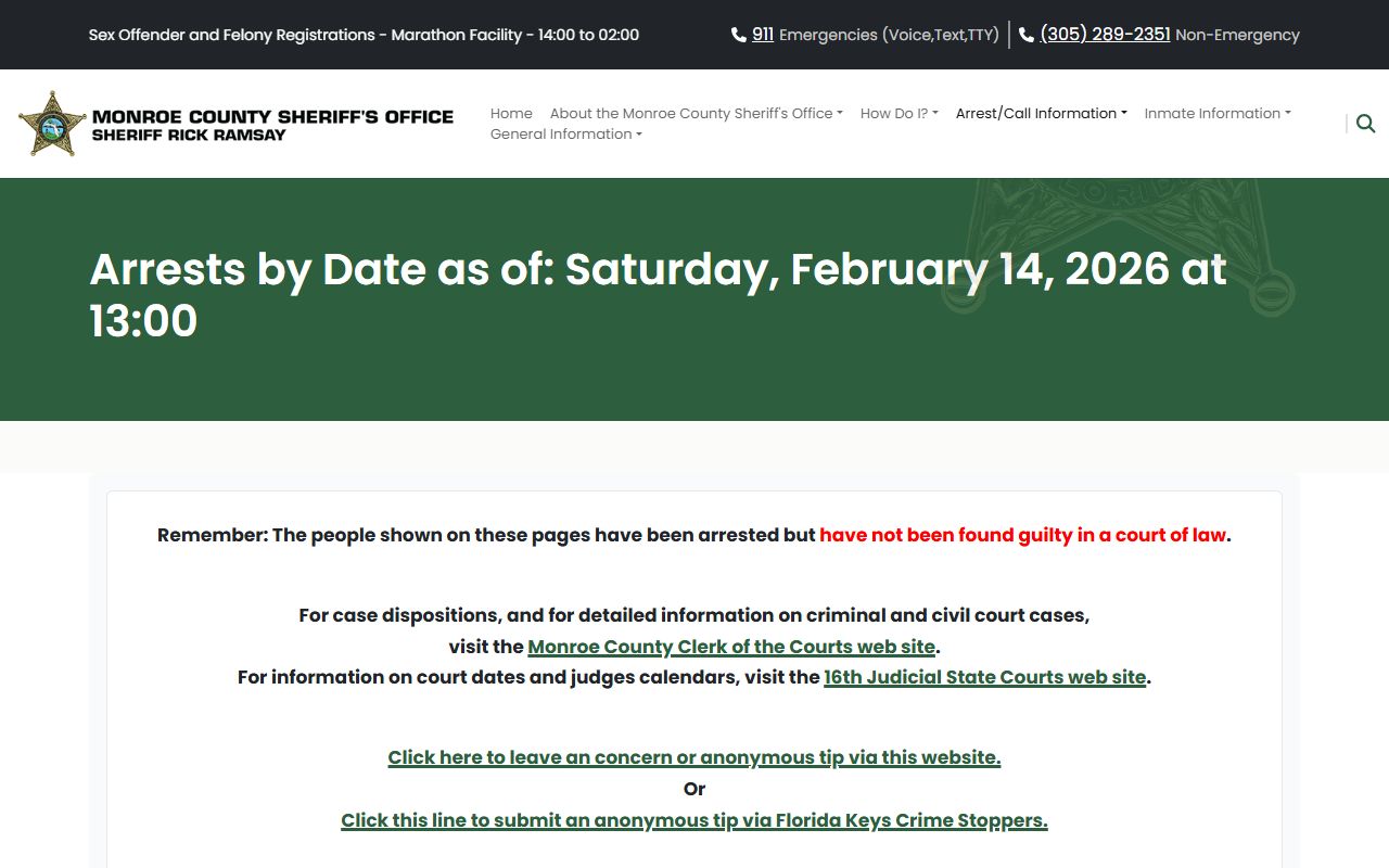 Monroe County current arrests listing showing 24 hour booking records