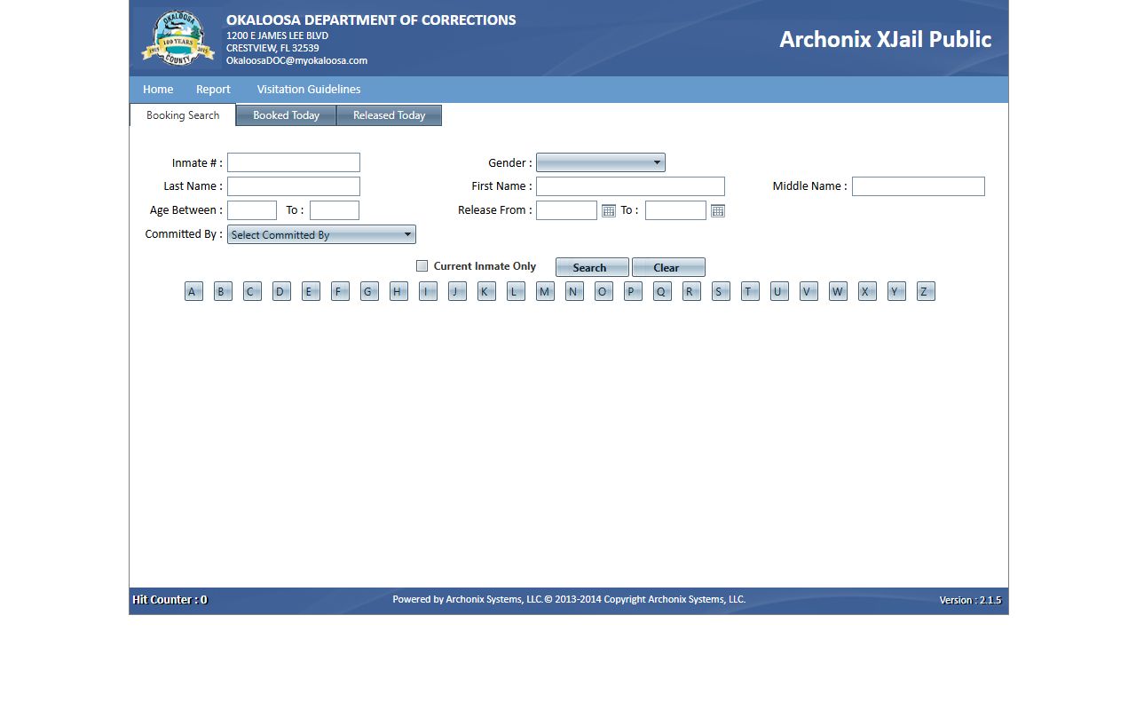 Okaloosa County Archonix XJail public search system for 24 hour booking records