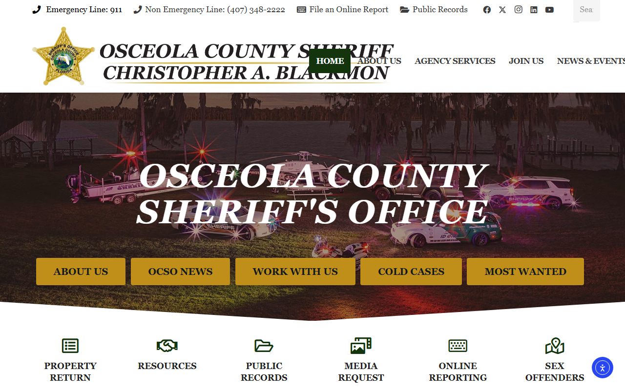 Osceola County Sheriff's Office website for arrest search and booking records