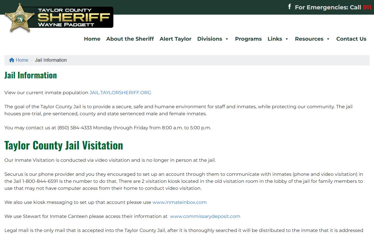 Taylor County Sheriff's Office jail information page with booking details