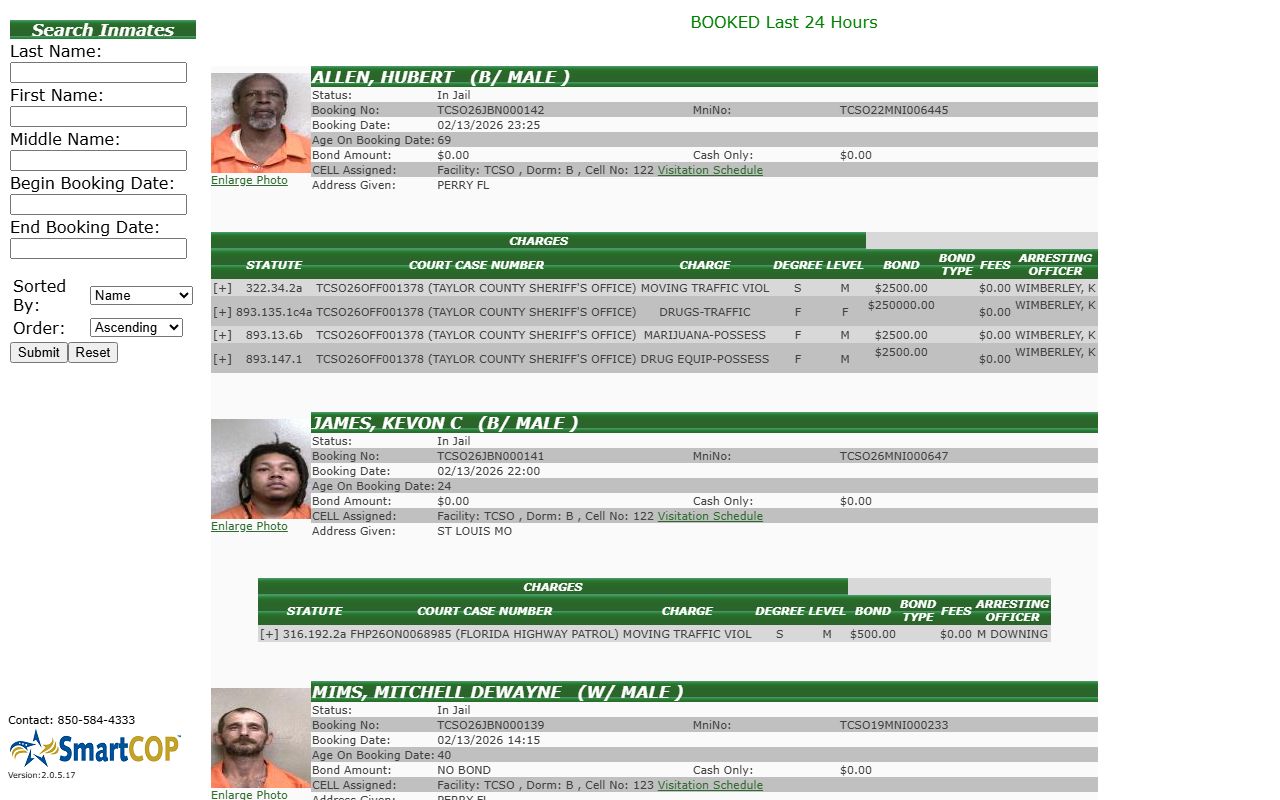 Taylor County SmartCop inmate search portal for booking records