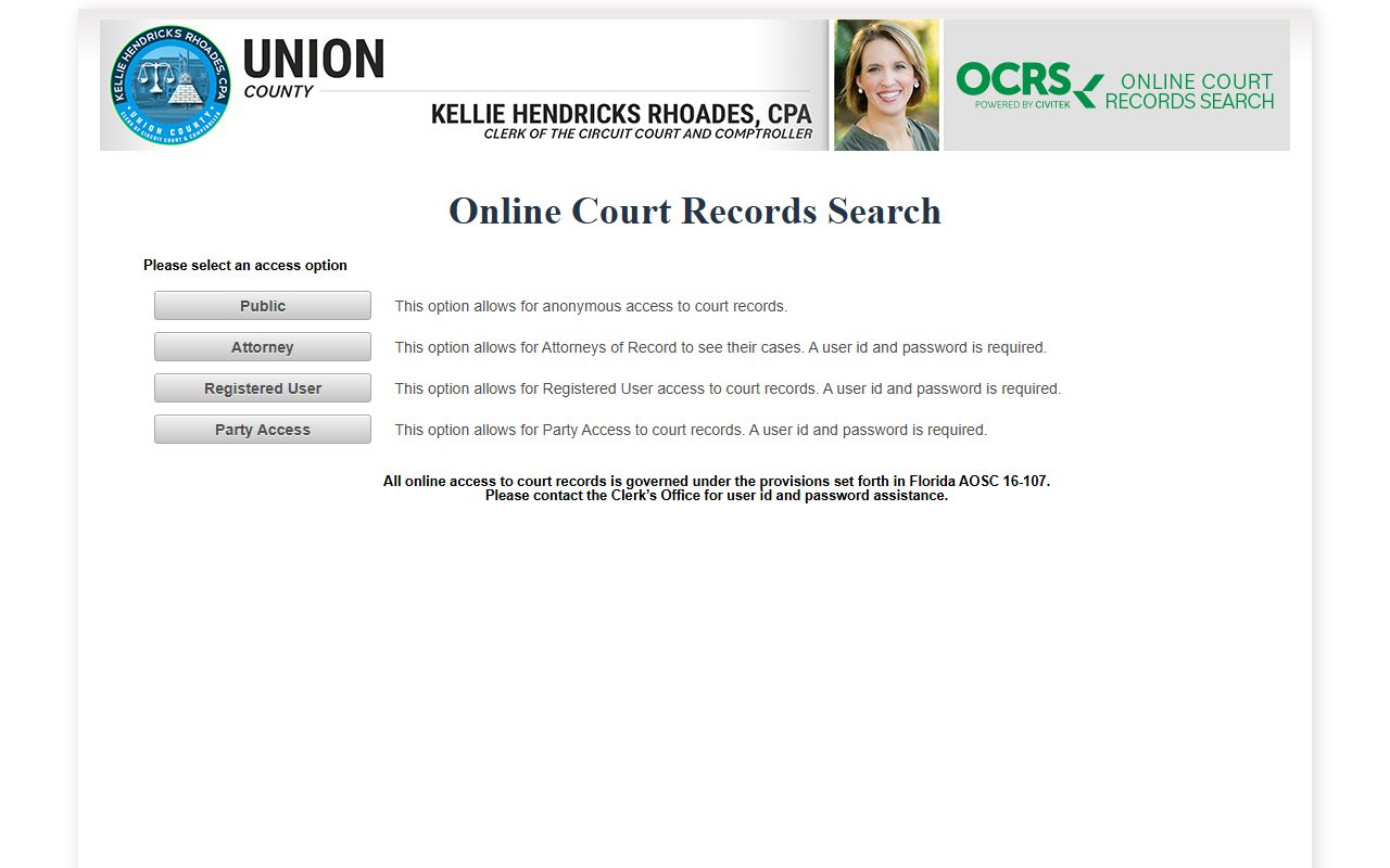 Civitek Florida record search portal for Union County booking and court records