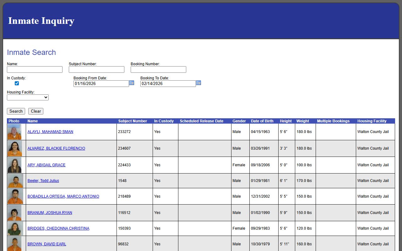 Walton County Sheriff's Office inmate inquiry system showing booking details