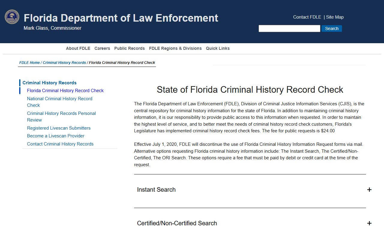 FDLE criminal history FAQ page for Florida 24 hour booking searches
