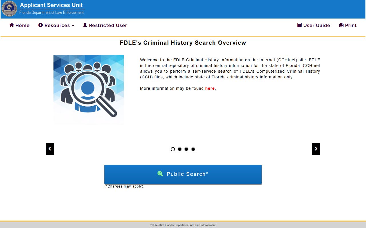 FDLE criminal history record check portal for Florida booking records