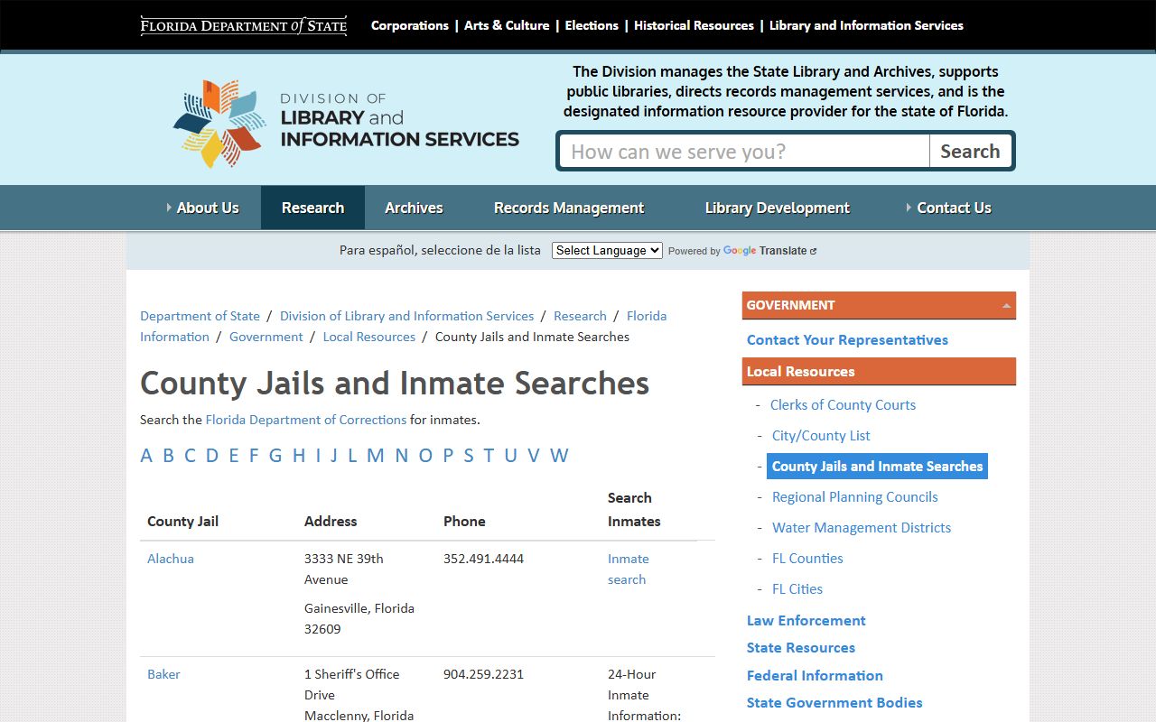 Florida Department of State county jails directory for booking searches