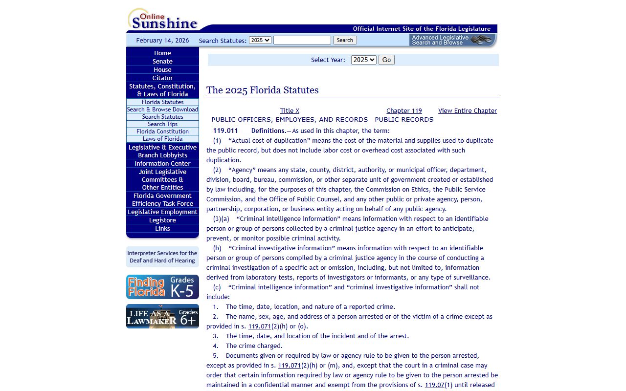 Florida Statute 119.011 definitions for booking record information