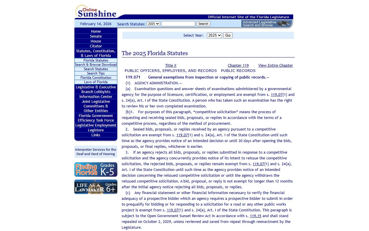 Florida Statute 119.071 exemptions to public booking records