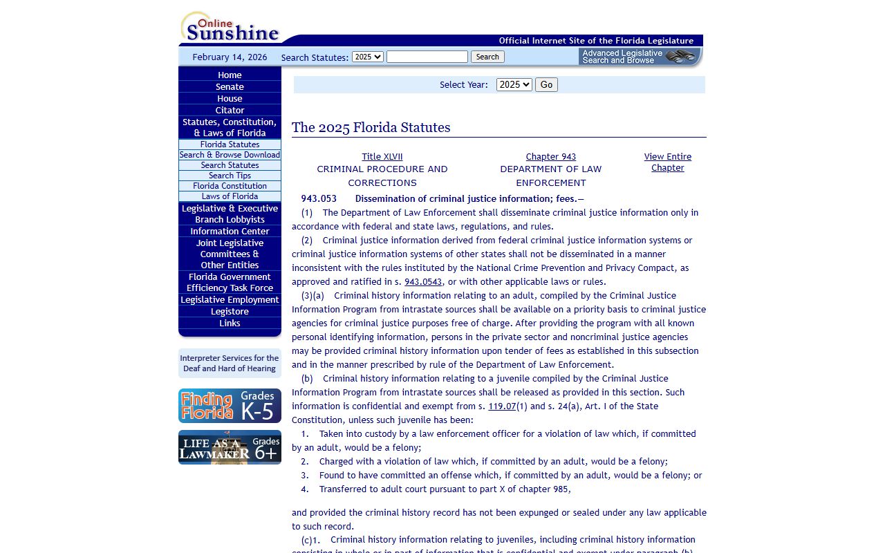 Florida Statute 943.053 criminal justice information and FDLE booking fees